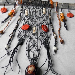 Halloween Mobile/Wall Hanging With Black Hemp Cord, Skulls, Spider & Pumpkin Beads - thumbnail 2