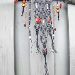 Halloween Mobile/Wall Hanging With Black Hemp Cord, Skulls, Spider & Pumpkin Beads - thumbnail 3