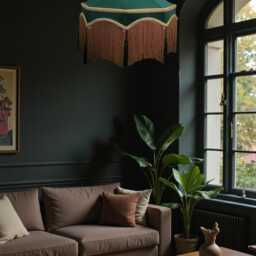 Bespoke Handmade Forest Green Fabric Pendant Lampshade Ceiling Lights, Chandeliers, Downton Abbey Style, Gold Fringe - thumbnail 2
