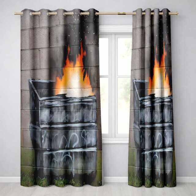 Burning Metal Skip Orange Flame Urban Graffiti Modern Bold Artwork For Home Decor Readymade Eyelet Ring Top Thermal 100% Blackout Curtains - image 1