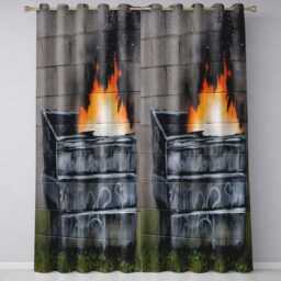 Burning Metal Skip Orange Flame Urban Graffiti Modern Bold Artwork For Home Decor Readymade Eyelet Ring Top Thermal 100% Blackout Curtains - thumbnail 3