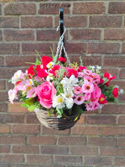Red Pink Artificial Flower Hanging Basket Faux Flowers Basket Summer Outdoor 10 Inch Spring - image 1