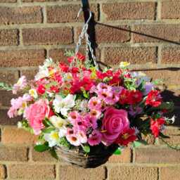 Red Pink Artificial Flower Hanging Basket Faux Flowers Basket Summer Outdoor 10 Inch Spring - thumbnail 3