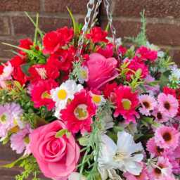 Red Pink Artificial Flower Hanging Basket Faux Flowers Basket Summer Outdoor 10 Inch Spring - thumbnail 2
