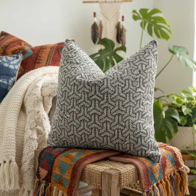Geometric Linen Pillow Cover Black & White Boho Decor - All Duties Paid Usa - image 1