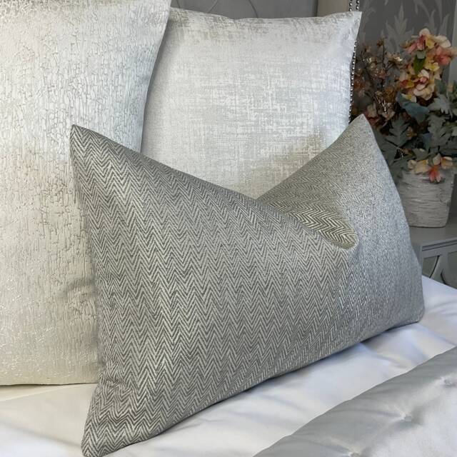 Herringbone Cushion Cover - Warm Grey & Silver Shimmer Handmade in UK Designer Fabric Double-Sided Rectangle Pillow For Sofa Or Bed - image 1