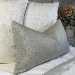 Herringbone Cushion Cover - Warm Grey & Silver Shimmer Handmade in UK Designer Fabric Double-Sided Rectangle Pillow For Sofa Or Bed - thumbnail 1