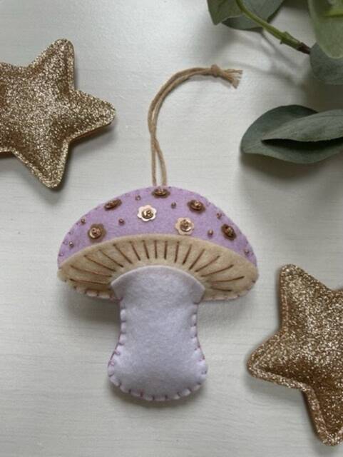 Hand Stitched Felt Toadstool Christmas Ornament Lilac Mushroom Decoration - image 1