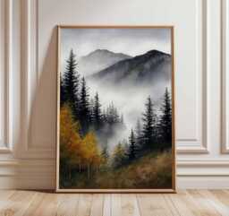 Misty Forest Wall Art, Mountain Landscape Poster, Nature Woodland Print, Foggy Pine Trees Painting, Rustic Cabin Home Decor