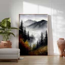 Misty Forest Wall Art, Mountain Landscape Poster, Nature Woodland Print, Foggy Pine Trees Painting, Rustic Cabin Home Decor - thumbnail 4