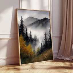 Misty Forest Wall Art, Mountain Landscape Poster, Nature Woodland Print, Foggy Pine Trees Painting, Rustic Cabin Home Decor - thumbnail 2