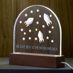 Personalised Space Rocket Night Light Beech Wood Base, Kids Lamp - Uv601