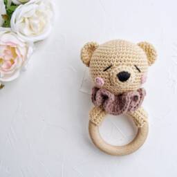 Teddy Bear Cotton Baby Toy, Woodland Shower Gift, New Parents Gender Reveal Party Personalized Organic Toy - thumbnail 4