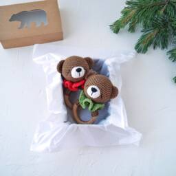 Teddy Bear Cotton Baby Toy, Woodland Shower Gift, New Parents Gender Reveal Party Personalized Organic Toy - thumbnail 2