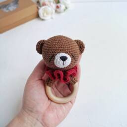 Teddy Bear Cotton Baby Toy, Woodland Shower Gift, New Parents Gender Reveal Party Personalized Organic Toy - thumbnail 3