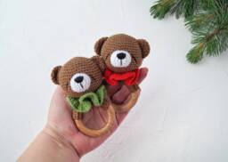 Teddy Bear Cotton Baby Toy, Woodland Shower Gift, New Parents Gender Reveal Party Personalized Organic Toy - thumbnail 1