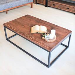 Rectangle Wood Coffee Table , Custom Rustic Solid With Metal Base Farmhouse Table - thumbnail 1