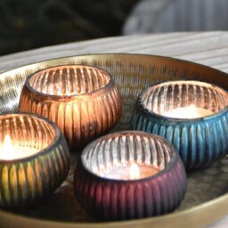 Mini Green Glass Tea Light Candle Holder X1 - Ribbed & Silver Christmas Xmas Votive T-Light - thumbnail 2