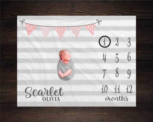 Milestone Blanket Personalized Monthly Growth Tracker Custom Baby Shower Gift Watercolor Pink & Gray For Newborn - image 1
