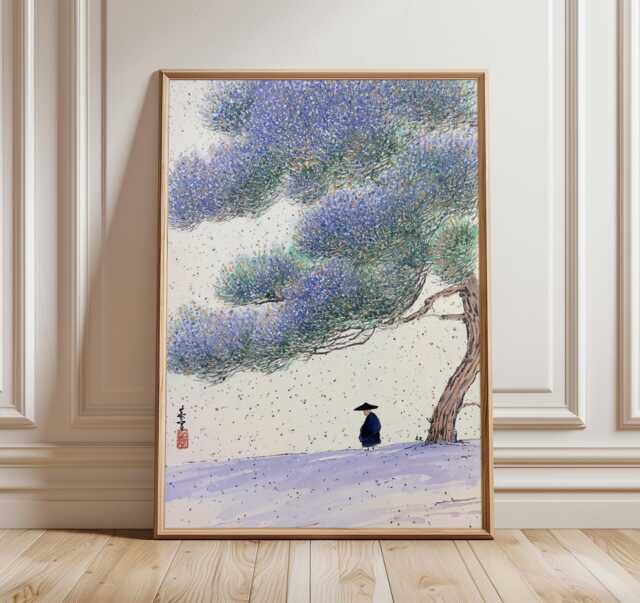 Japanese Winter Landscape Print, Snow Scene Wall Art, Scholar Under Tree Painting, Tranquil Ink Wash Poster, Serene Nature Home Decor - image 1