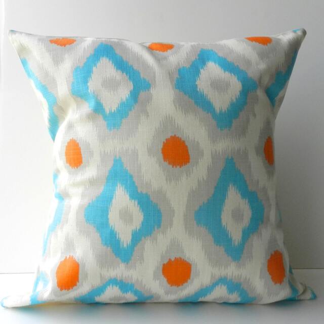 New 18x18 Inch Designer Handmade Pillow Cases in Modern Blue, Orange & Grey Damask On Natural