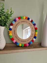 Rainbow Pompom Affirmation Mirror Oak Veneer Kids Room Decor, Children's Bedroom Mirror, Playschool/ Nursery Wall Art - thumbnail 1