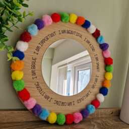 Rainbow Pompom Affirmation Mirror Oak Veneer Kids Room Decor, Children's Bedroom Mirror, Playschool/ Nursery Wall Art - thumbnail 2