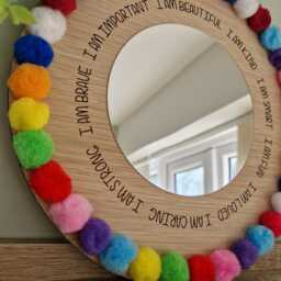 Rainbow Pompom Affirmation Mirror Oak Veneer Kids Room Decor, Children's Bedroom Mirror, Playschool/ Nursery Wall Art - thumbnail 3