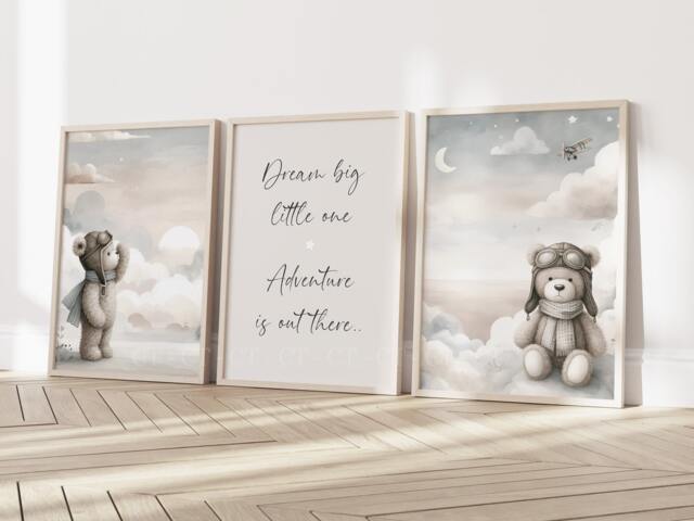 Baby Nursery Teddy Bear Prints - A4 Or A3 Size Stars Cloud Moon Boy Girl Wall Art Neutral Beige Natural Boho Dream Big - image 1