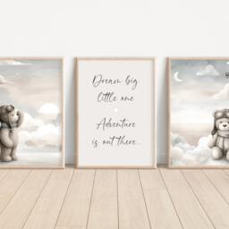 Baby Nursery Teddy Bear Prints - A4 Or A3 Size Stars Cloud Moon Boy Girl Wall Art Neutral Beige Natural Boho Dream Big - thumbnail 2