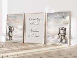 Baby Nursery Teddy Bear Prints - A4 Or A3 Size Stars Cloud Moon Boy Girl Wall Art Neutral Beige Natural Boho Dream Big - thumbnail 1