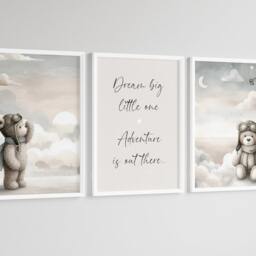 Baby Nursery Teddy Bear Prints - A4 Or A3 Size Stars Cloud Moon Boy Girl Wall Art Neutral Beige Natural Boho Dream Big - thumbnail 3