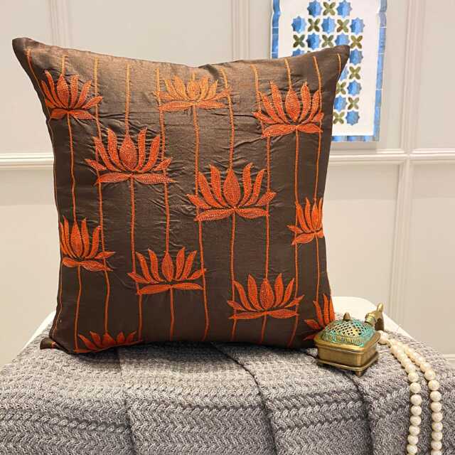 "Art Silk Brown Embroidered Red Lotus Flower Decorative Throw Pillow Cover, 24""x24""/26""x26" - image 1