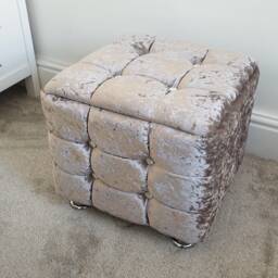 Handmade Beige Velvet Footstool With Crystal Detail & Silver Legs 45x45cm