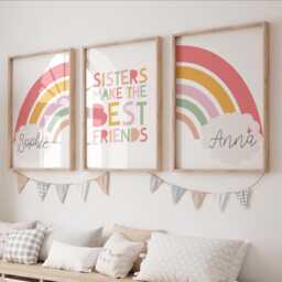 Set Of 3 Sister Prints, Wall Art, Rainbow Print, Colourful, Girls Bedroom Decor, Shared Bedroom, Gift, Nursery Twins - thumbnail 1