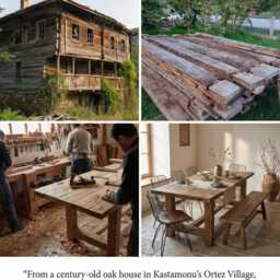 Reclaimed Oak Dining Table - Handcrafted Rustic Farmhouse From Antique Wood - thumbnail 3