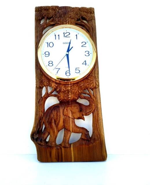 "Wood Carving Elephant Clock Natural Teak Hand Carved Art Wall Hanging Home Decor/Gift 22.25""x11.5" - image 1