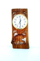 "Wood Carving Elephant Clock Natural Teak Hand Carved Art Wall Hanging Home Decor/Gift 22.25""x11.5" - thumbnail 2
