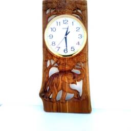 "Wood Carving Elephant Clock Natural Teak Hand Carved Art Wall Hanging Home Decor/Gift 22.25""x11.5" - thumbnail 3