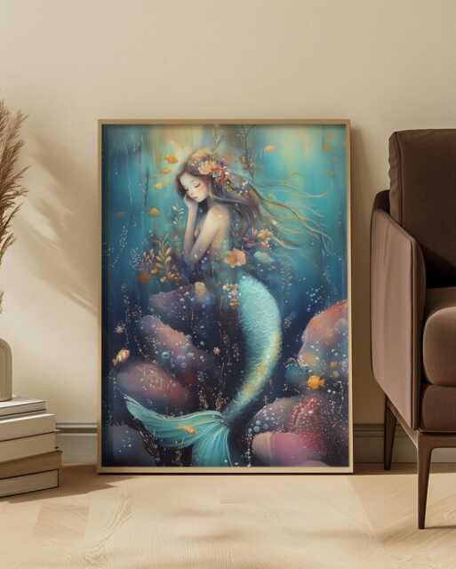 Fantasy Mermaid Art Print Dreamy Teal Underwater Fairy Tale Portrait - image 1