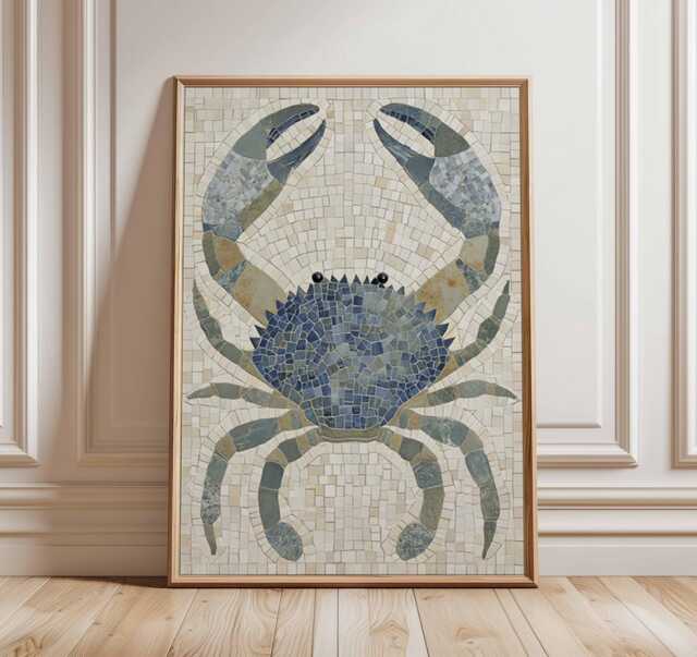 Blue Crab Mosaic Art Print - Coastal Nautical Wall Beach House Decor Marine Sea Life Poster Ocean Inspired Bathroom - image 1