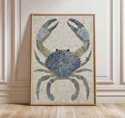 Blue Crab Mosaic Art Print - Coastal Nautical Wall Beach House Decor Marine Sea Life Poster Ocean Inspired Bathroom - thumbnail 1