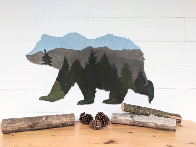 Wooden Bear Wall Decor Mountain Forest Landscape, Living Room Scene - image 1