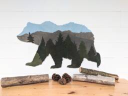 Wooden Bear Wall Decor Mountain Forest Landscape, Living Room Scene - thumbnail 1