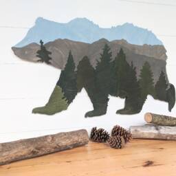 Wooden Bear Wall Decor Mountain Forest Landscape, Living Room Scene - thumbnail 3