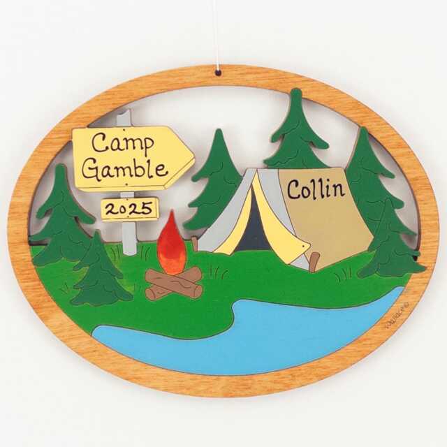 Personalized Tent Camping Christmas Ornament-Wood, Laser Cut, Hand Painted - image 1