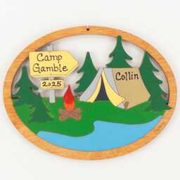 Personalized Tent Camping Christmas Ornament-Wood, Laser Cut, Hand Painted - thumbnail 1
