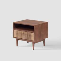 Mid-Century Modern Nightstand Handmade Mango Wood Bedside Table With Jute Drawer - thumbnail 3