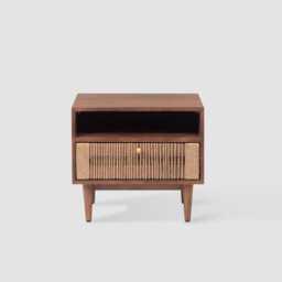Mid-Century Modern Nightstand Handmade Mango Wood Bedside Table With Jute Drawer - thumbnail 2
