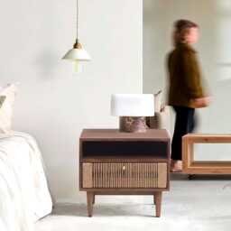Handmade Mango Wood Bedside Table, Mid Century Jute Drawer Nightstand